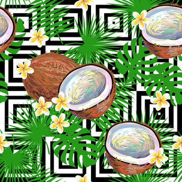 Seamless summer pattern coconut, palm leaves, tropical exotic plumeria rubra frangipani flower vector background. Perfect for wallpapers, pattern fills, web page backgrounds, surface textures, textile
