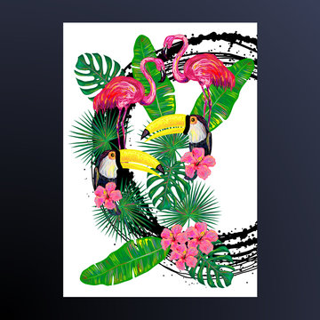 Invitation with pink flamingo, toucan bird, tropical exotic flowers and leaves. Tropical Floral Frame. Background with tropical birds. Tropical birds poster