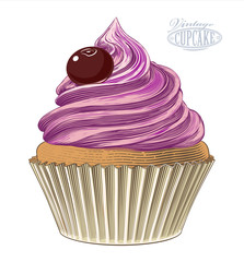 Vector  illustration of a cupcake in engraving style, isolated, grouped on transparent background.