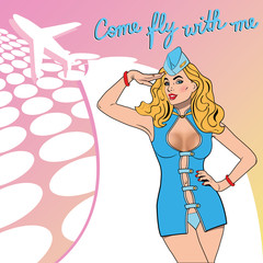 Retro pop art sexy stewardess in a blue suit and cap aviation. Text Come fly with me/White plane on a pink background.