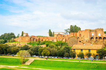 Fototapeta na wymiar Ruins of Circus Maximus and Palatine hill palace in Rome, It