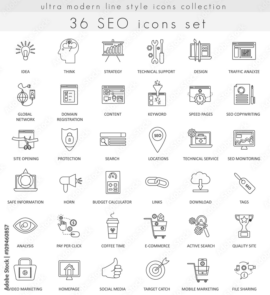 Poster vector seo and development ultra modern outline line icons for web and apps.