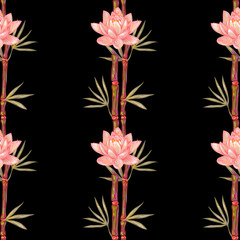 Seamless summer pattern with traditional oriental symbols bamboo and lotus flowers vector background. Perfect for wallpapers, pattern fills, web page backgrounds, surface textures, textile