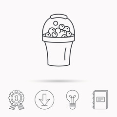 Bucket with foam icon. Soapy cleaning sign.