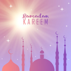 Ramadan Kareem celebration beautiful greeting card background vector illustration. Background with mosque. Islam design. Islamic celebration design. Starry sky. Eid Mubarak vector background