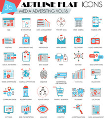 Vector Media advertising ultra modern outline artline flat line icons for web and apps.