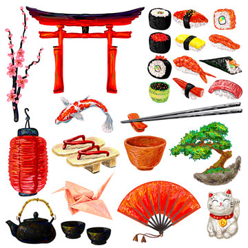 Japan travel set. Japanese Koi Fish, Torii gate, origami bird, luck cat, Japanese lantern, Japanese hand fan, geisha shoes, bonsai tree, sakura cherry blossom, sushi food, tea teapot ceremony