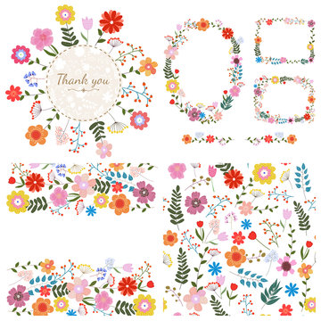 Set of floral backgrounds. Spring and summer flowers. Frames for your design and seamless pattern. Vector.