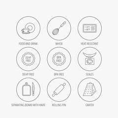 Kitchen scales, whisk and grater icons.