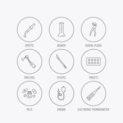 Thermometer, pills and dental pliers icons.