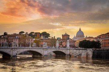 Bridge of Angles, Tiber and St Peter Basilica in Vatican, Rome, Italy
