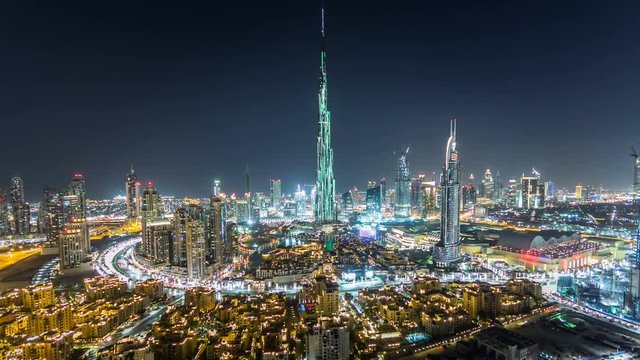 Dubai Downtown at night timelapse view from the top in Dubai, United Arab Emirates
