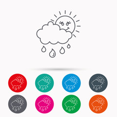 Rain and sun icon. Water drops with cloud sign.