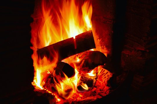 A roaring log fire