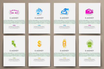 Corporate identity vector templates set with doodles e-money theme
