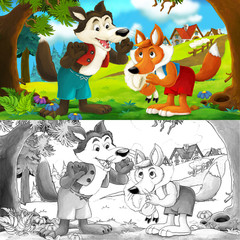 Cartoon scene of a wolf and a fox talking to each other after stealing sheep from the village with coloring page - illustration for children