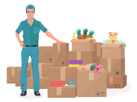 Delivery move service man near craft boxes. Cargo concept vector illustration.
