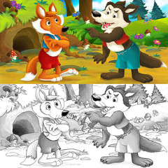 Obraz na płótnie Canvas Cartoon scene of a wolf visiting fox - they are talking - with coloring page - illustration for children