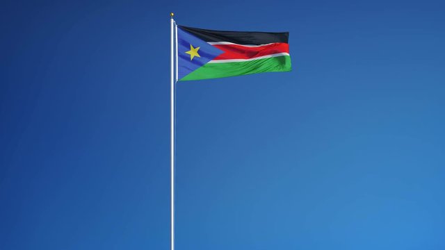 South Sudan flag waving in slow motion against clean blue sky, seamlessly looped, long shot, isolated on alpha channel with black and white luminance matte, perfect for film, news, digital composition