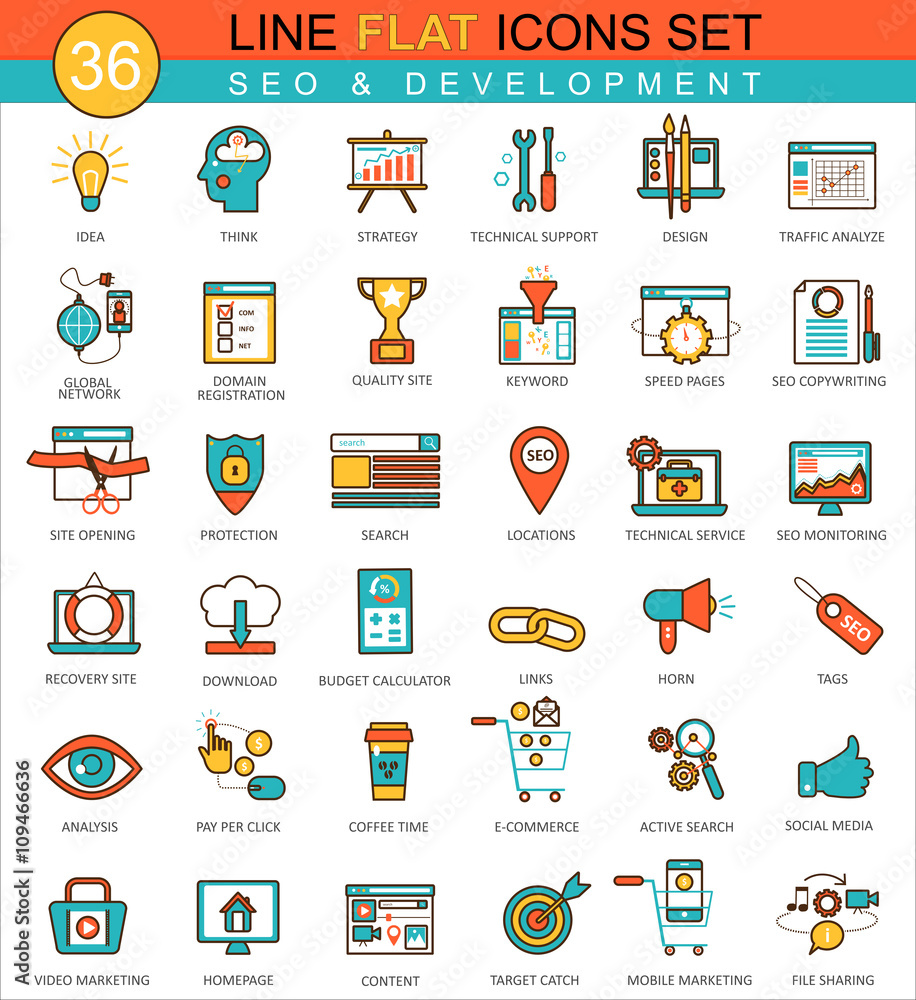 Poster Vector SEO development flat line icon set. Modern elegant style design  for web.