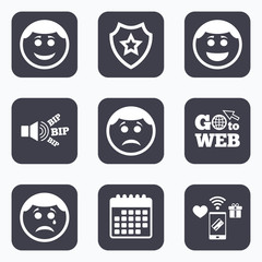 Circle smile face icons. Happy, sad, cry.