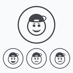 Rapper smile face icons. Happy, sad, cry.