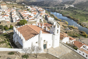 Mértola town with the white church mosque and Guadiana river, Beja, Portugal