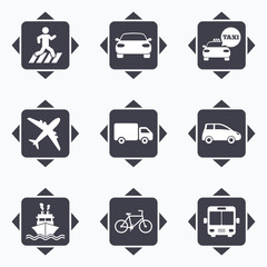 Transport icons. Car, bike, bus and taxi signs.