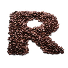 letter r, alphabet from coffee beans isolated on white background