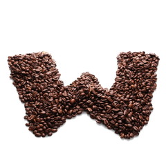 letter w, alphabet from coffee beans isolated on white background