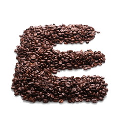 letter e, alphabet from coffee beans isolated on white background