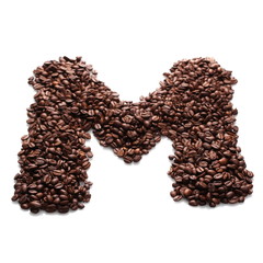 letter m, alphabet from coffee beans isolated on white background