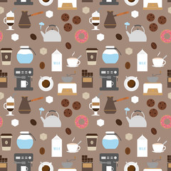 Coffee flat icons seamless pattern. Flat icons illustrations of making coffee. Coffee delicacy. Coffee break icons set.