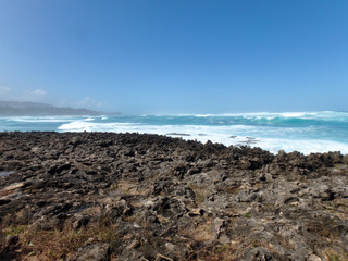 Waves Break on Coral Rock Shore