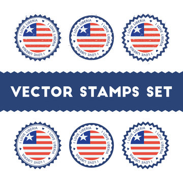I Love Liberia vector stamps set. Retro patriotic country flag badges. National flags vintage round signs.