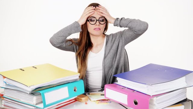 woman tired with stack of folders documents 4K