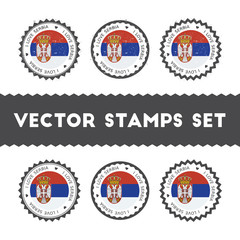I Love Serbia vector stamps set. Retro patriotic country flag badges. National flags vintage round signs.
