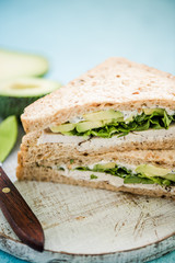 Healthy breakfast, avocado chicken sandwich