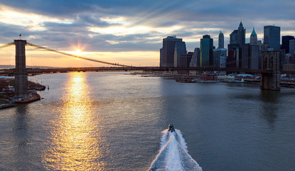 Panoramic View of Brooklyn Bridge Sunset in NYC © deberarr