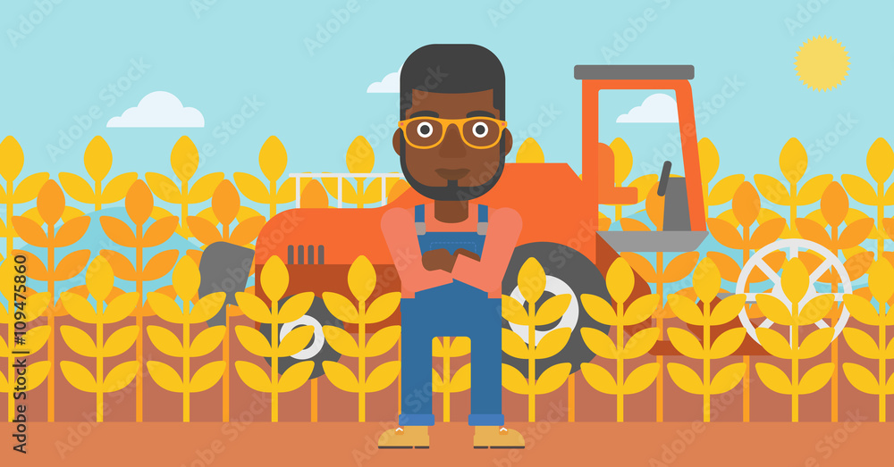 Poster man standing with combine on background.