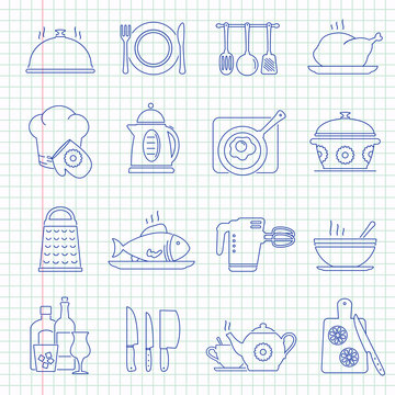 Hand drawn cooking icons on a notebook sheet