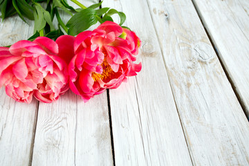 beautiful peonies on wooden surface