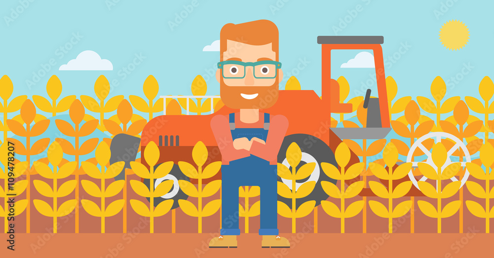 Poster man standing with combine on background.