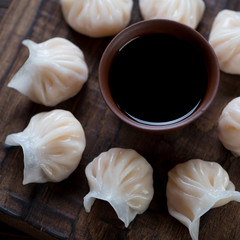 Fototapeta na wymiar Close-up of steamed chinese dim-sum dumplings, selective focus