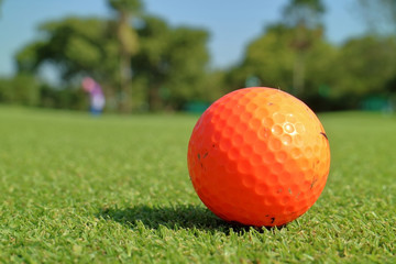 Close up the dirt golf ball on grass with blurred green golf cou