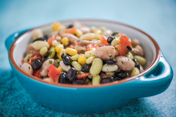 beans salad in blue bowl