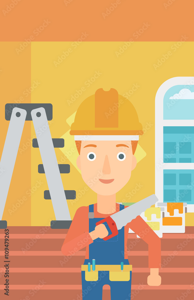 Wall mural Smiling worker with saw.