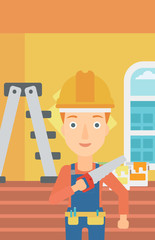 Smiling worker with saw.