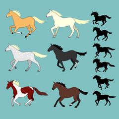 running horses set with silhouettes