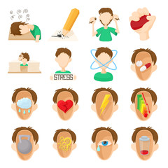Stress icons set, cartoon style